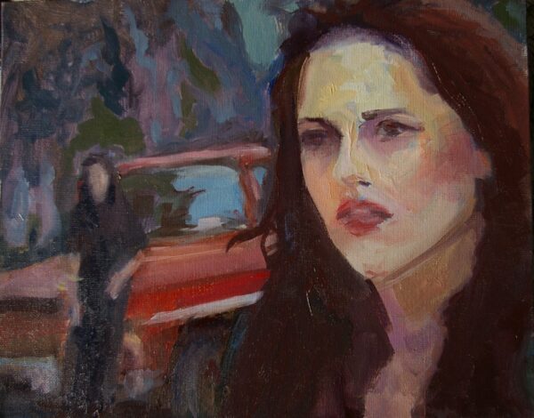 Porträt einer jungen Frau mit dunklem Haar und ernstem Blick, vor einem roten Pickup – inspiriert von einer Szene aus dem Film Twilight