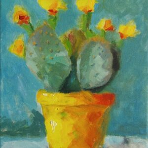 Ölgemälde Kaktus im gelben Topf mit gelb-orangenen Blüten vor türkisblauem Hintergrund, 24x30 cm