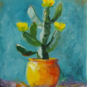 Kaktus mit gelben Blüten im Terrakottatopf vor türkisblauem Hintergrund – Ölbild 24x30 cm