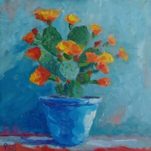 Kaktus mit orange-gelben Blüten im blauen Topf vor türkisblauem Hintergrund – Ölbild 30x30 cm