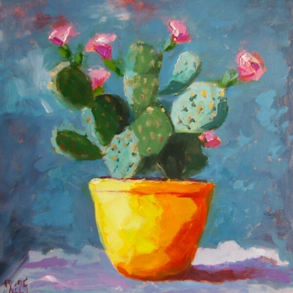 Kaktus mit rosa Blüten im gelben Topf vor blauem Hintergrund – Ölbild 30x30 cm