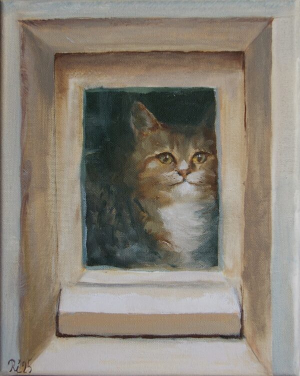 Portrait einer Katze, die aus dem Fenster schaut – Ölbild 24x30 cm