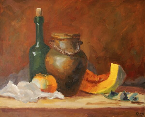 Stillleben mit Tonkrug, grüner Flasche und Kürbis in warmem Licht – Ölbild 50x40 cm