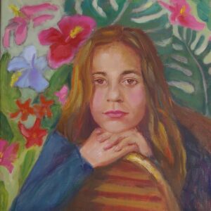 Portrait eines Mädchens vor tropischem Hintergrund mit Hibiskusblüten – Ölbild 40x40 cm