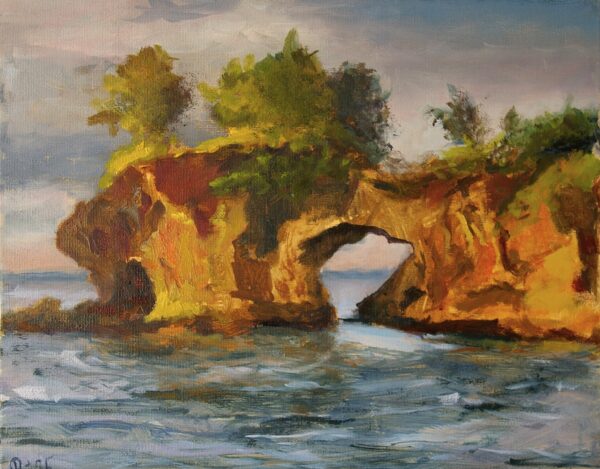 Herbstliche Meereslandschaft mit Felsenöffnung wie ein Tor – Ölbild 24x30 cm