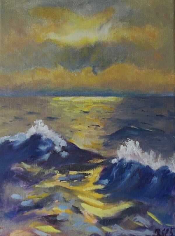Ölgemälde Meer mit Wellen bei Sonnenuntergang – maritime Landschaft 18x24 cm