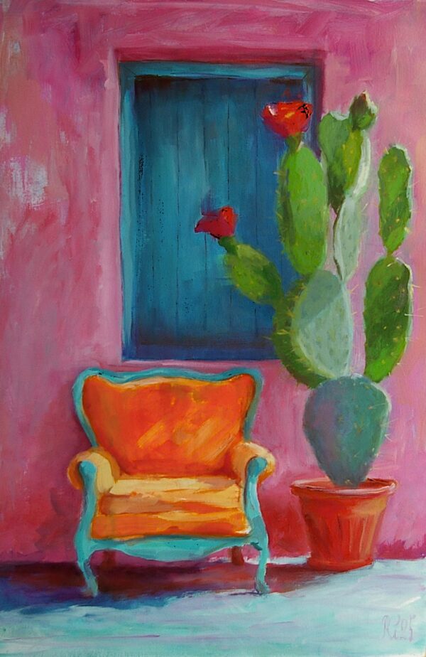 Buntes Stillleben mit Sessel, Kaktus und Fenster auf pinker Wand – Öl auf Papier, 50x70 cm, gerahmt