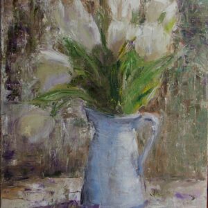 Stillleben mit weißen Tulpen in einer hellblauen Vase, impressionistisch gemalt – 50x40 cm, Öl auf Leinwand