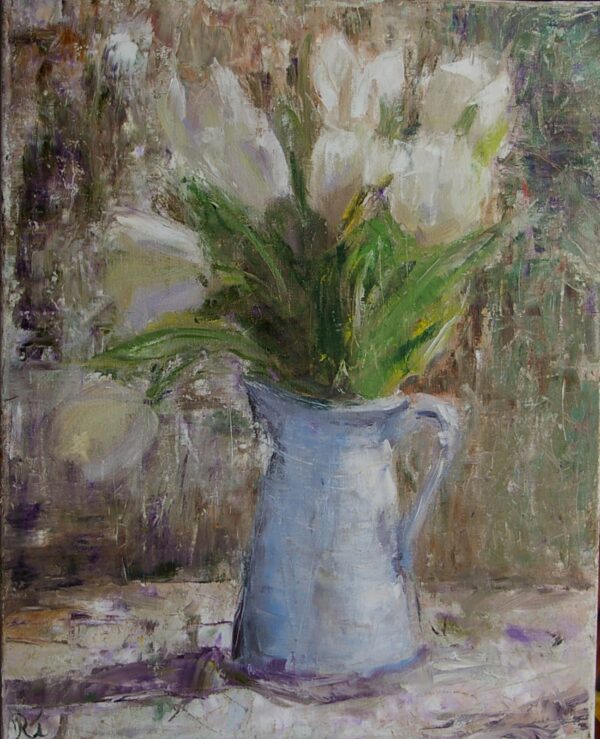 Stillleben mit weißen Tulpen in einer hellblauen Vase, impressionistisch gemalt – 50x40 cm, Öl auf Leinwand