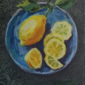 Stillleben mit Zitronen und Keramikteller auf dunklem Hintergrund – 30x40 cm, Öl auf Leinwand