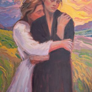 Expressives Ölgemälde zweier Frauen in einer innigen Umarmung. Eine Frau im weißen Kleid umarmt eine Frau im dunklen Kleid vor einer weiten Landschaft mit einem farbenprächtigen Abendhimmel.