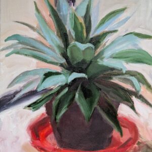 Expressives Ölgemälde einer Agave mit langen, spitz zulaufenden, blaugrünen Blättern in einem roten Blumentopf. Kräftige Farbkontraste und lebendige Pinselstriche prägen das Stillleben.