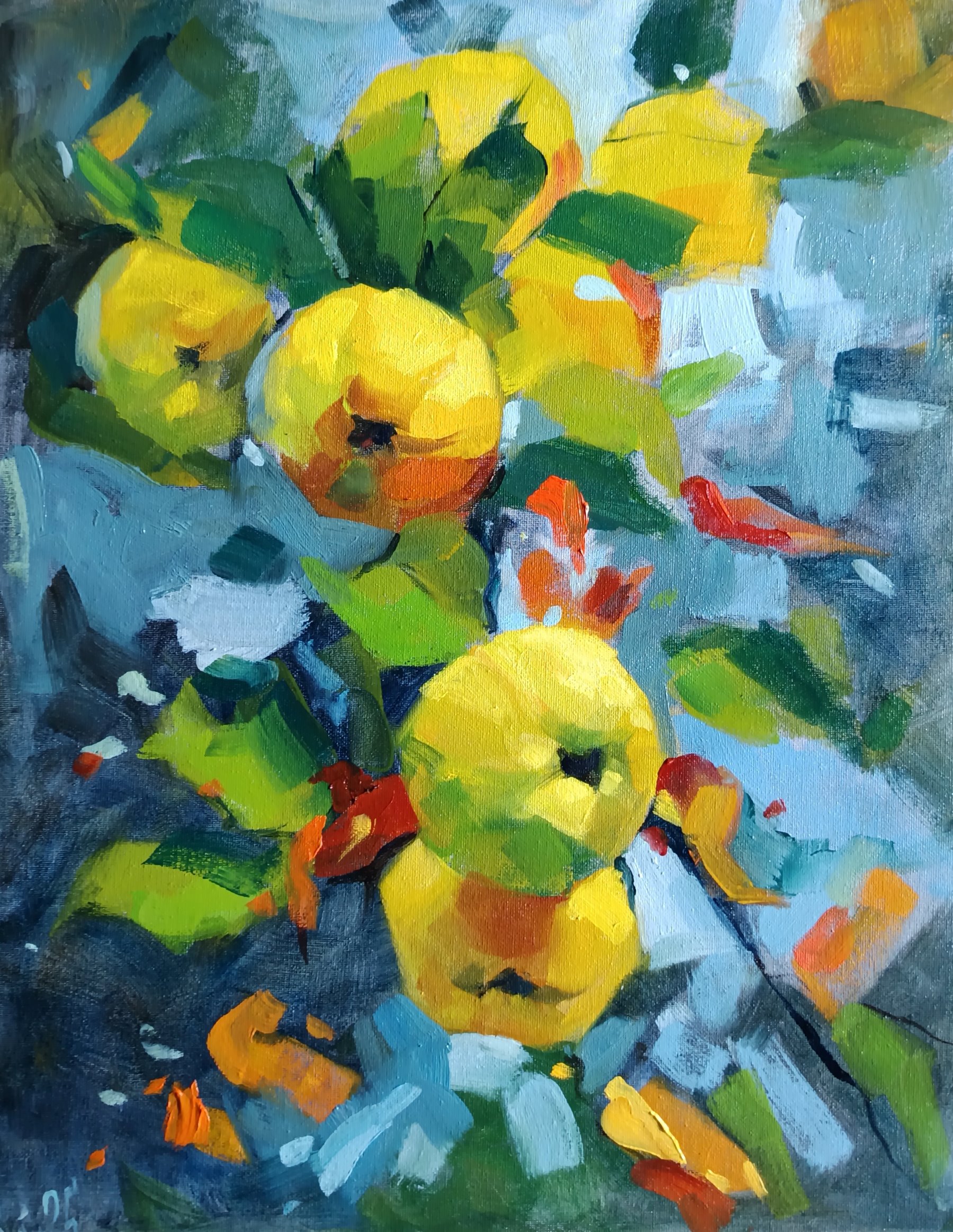 Goldene Quitten unter blauem Himmel Goldene Quitten mit grünen Blättern vor blauem Hintergrund – expressives Ölgemälde