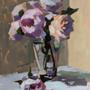 Expressives Ölgemälde mit rosa-violetten Rosen in einer Glasvase