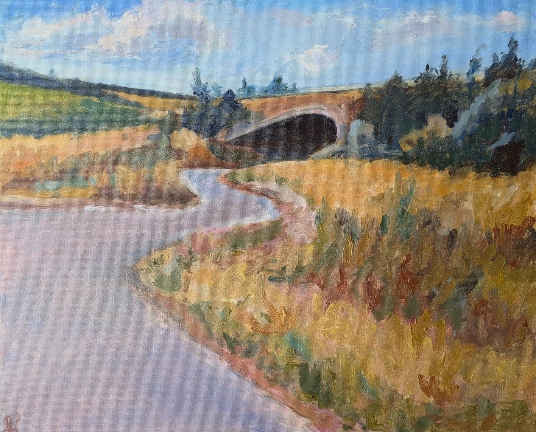 Sommerliche Landschaft mit Steinbrücke Ölbild 50x40