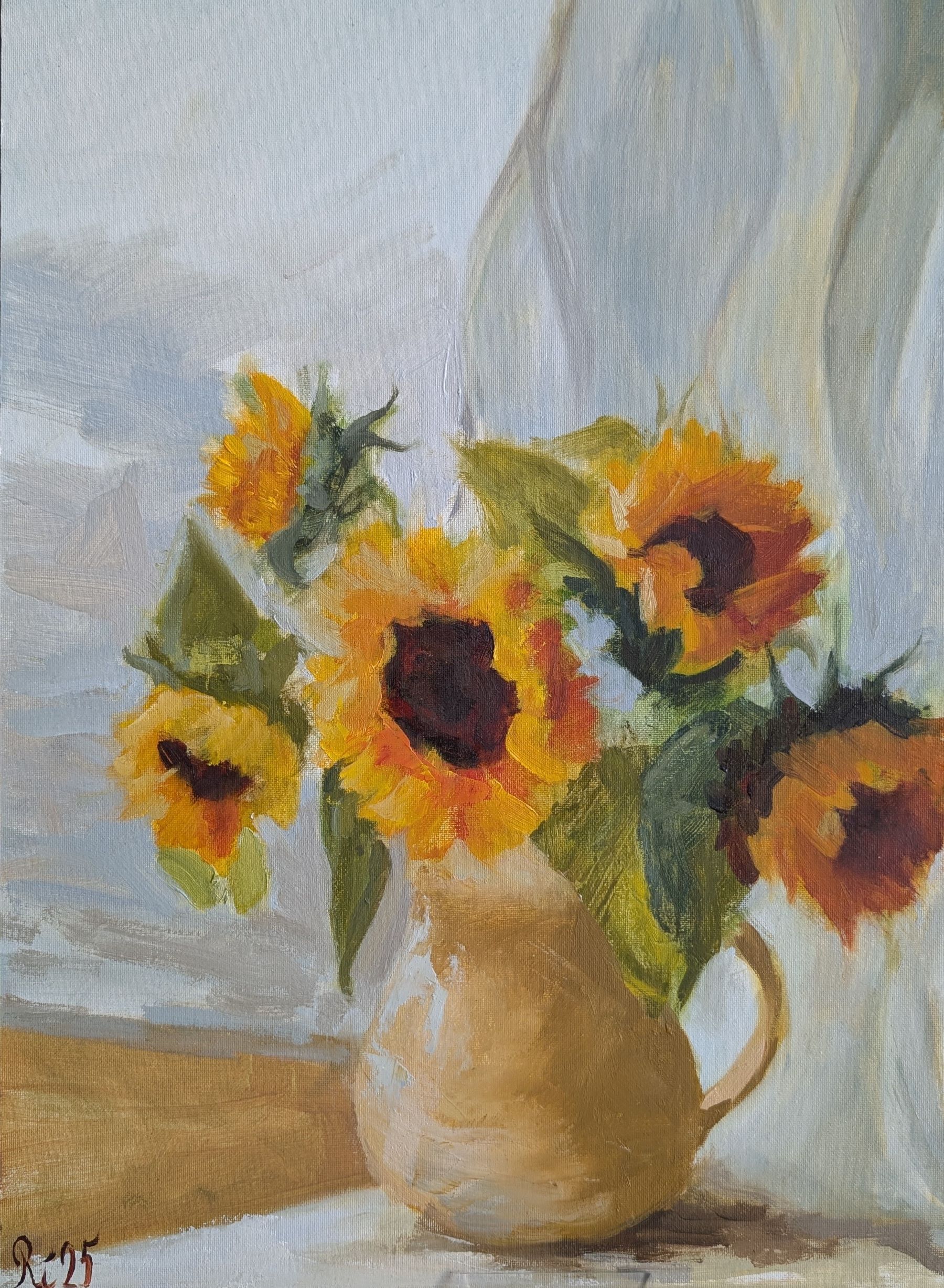 Sonnenblumen in ockerfarbener Keramikkanne – Ölgemälde